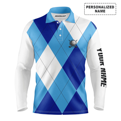 Custom Golf Long Sleeve Men Polo Shirt -Blue White Golf Pattern Custom Name Apparel-Personalized Gift For Golf Lover, Team, Golfer, Husband, Boyfriend