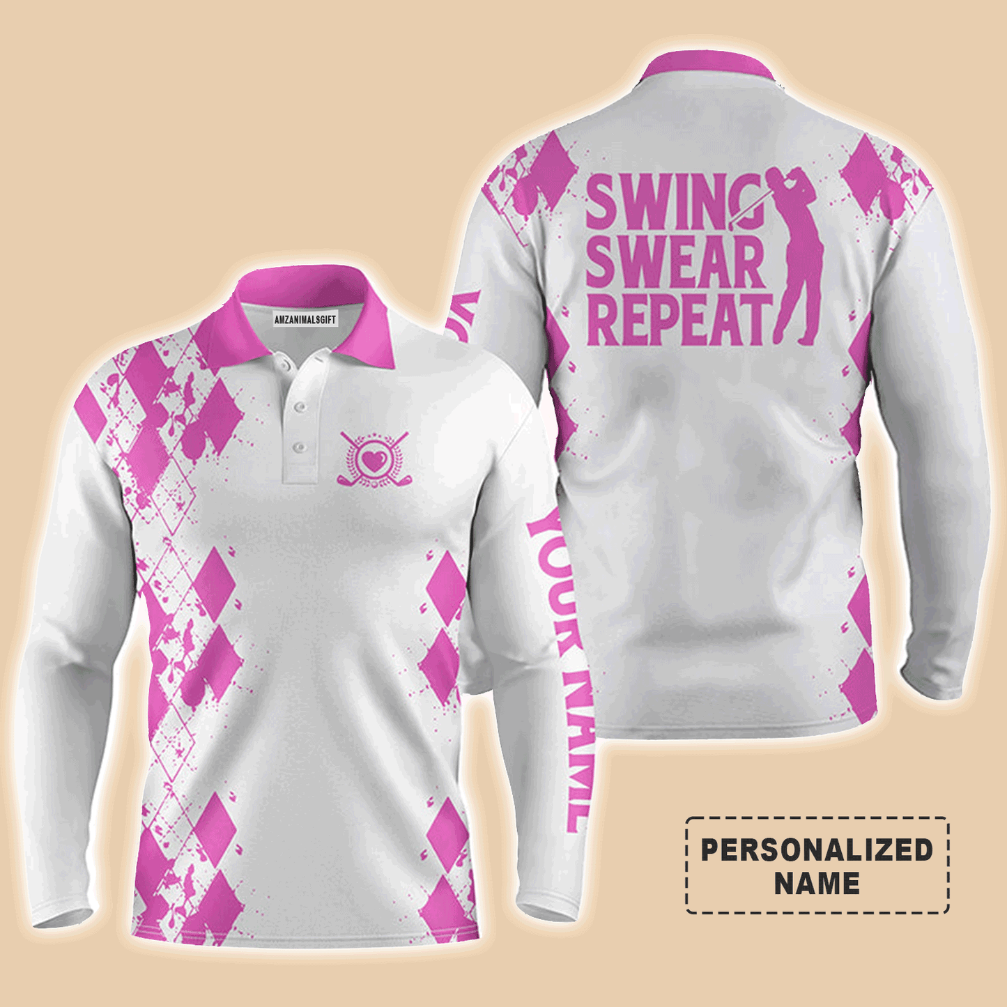 Custom Golf Long Sleeve Men Polo Shirt -Argyle Pattern Custom Name Apparel, Swing Swear Repeat Men Golf Polo Shirt-Perfect Polo Shirt For Men, Golfers