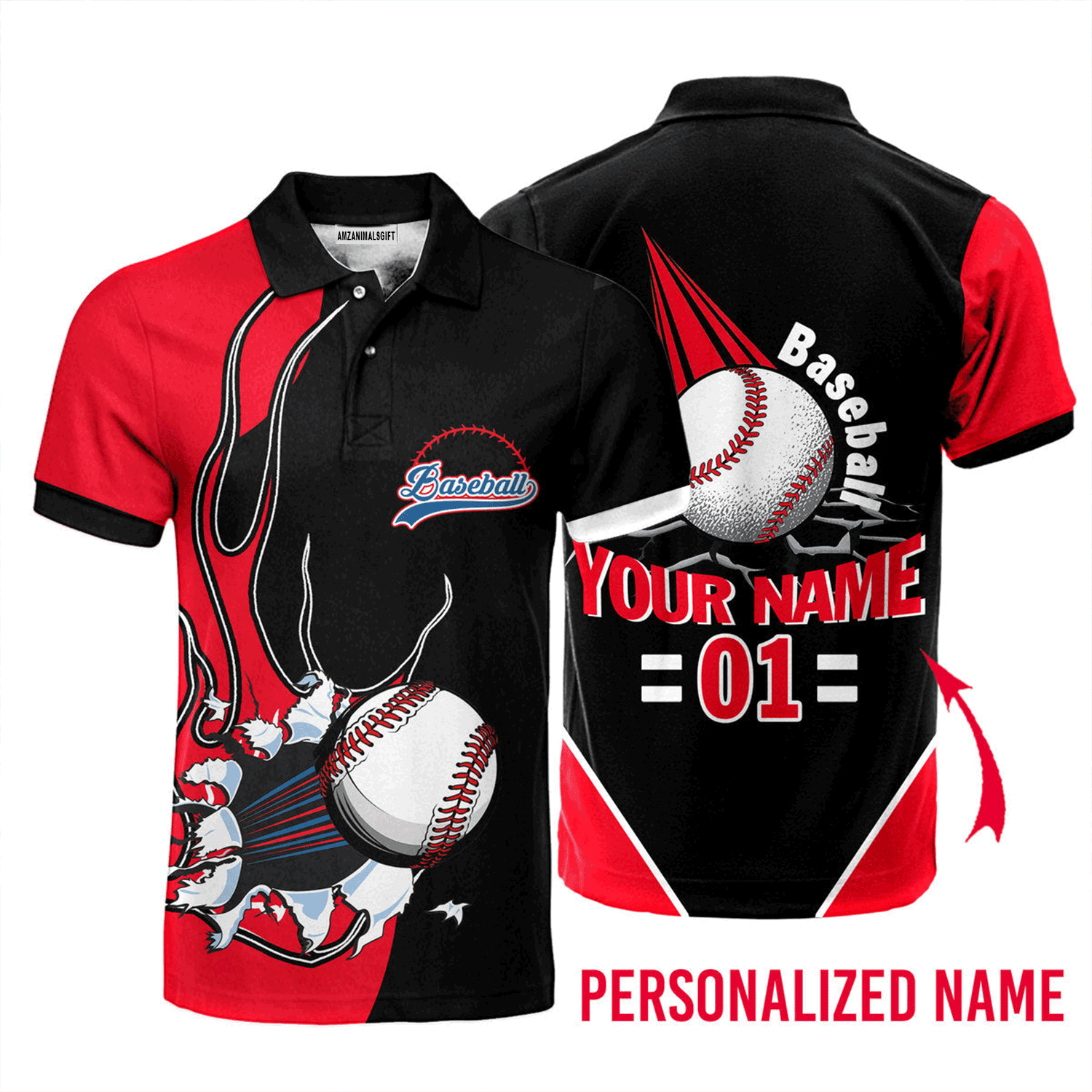 Customized Baseball Men Polo Shirt, Baseball Ball Black Red Custom Name Polo Shirt - Perfect Polo Shirt For men, Baseball Lovers