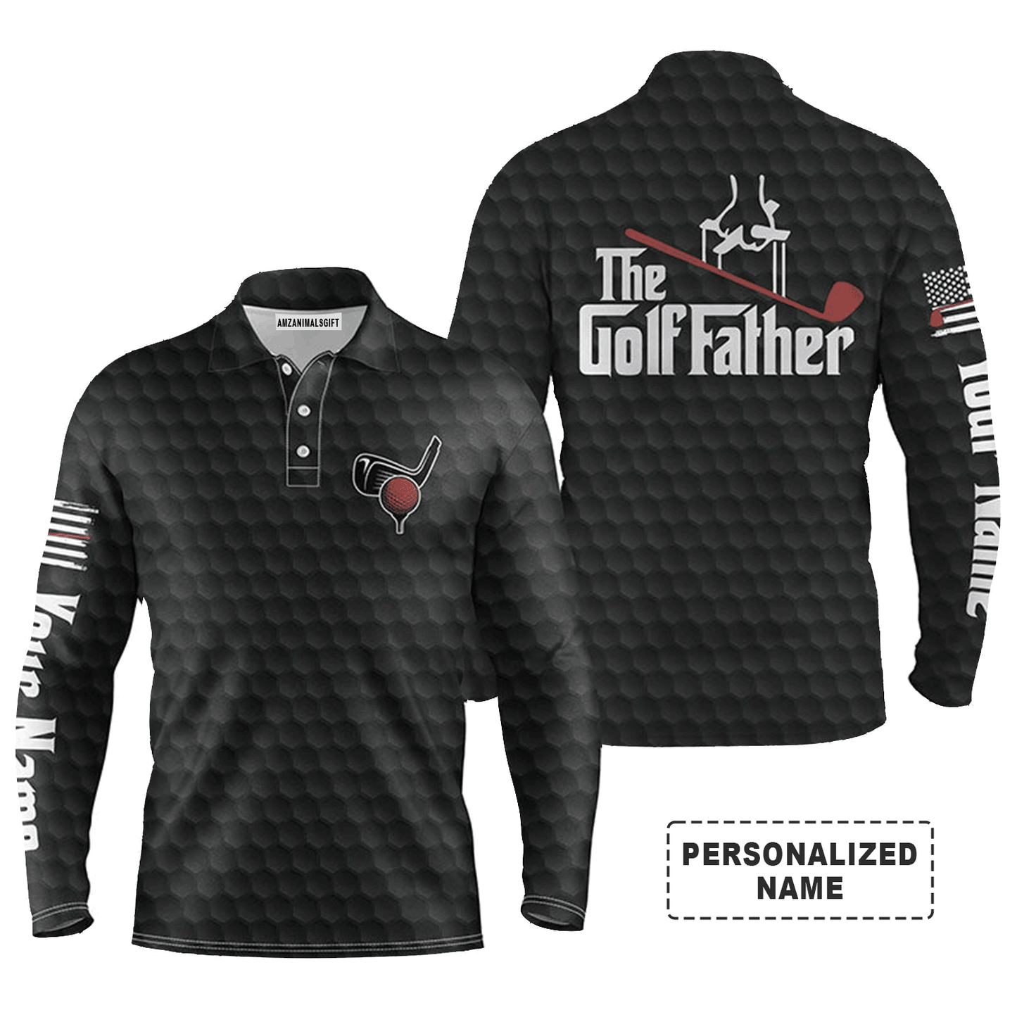 Custom Golf Long Sleeve Men Polo Shirt - Custom Name Black Golf Ball Pattern Apparel - The Golf Father Men Golf Polo Shirt- Perfect Polo Shirt For Men