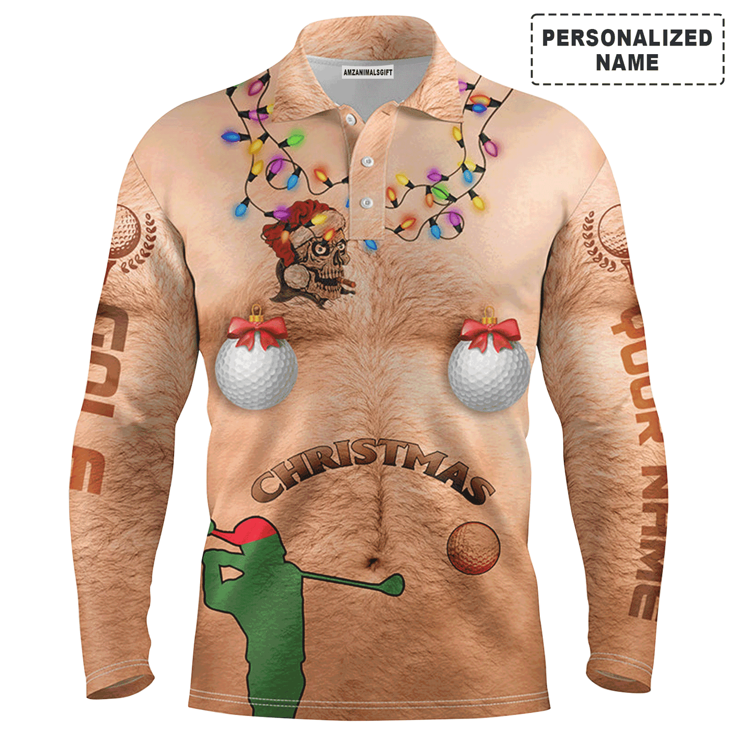 Custom Golf Long Sleeve Men Polo Shirt - Custom Name Funny Hairy Chest Ugly Apparel - Personalized Gift For Golf Lover, Men
