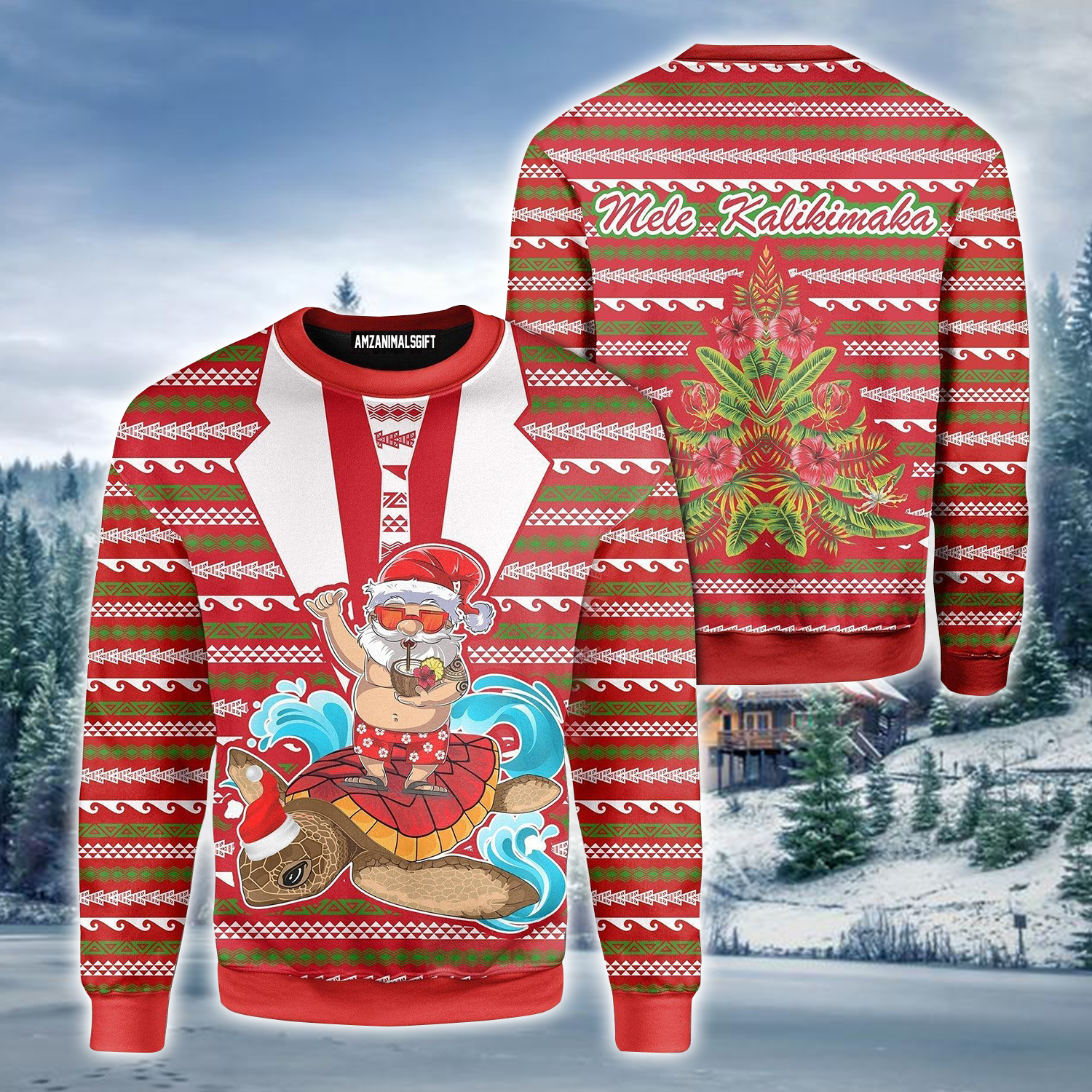 Hawaiian Santa Ugly Sweater, Santa & Sea Turtle Ugly Sweater, Funny Hawaiian Santa Claus Mele Kalikimaka Red Ugly Sweater For Men & Women