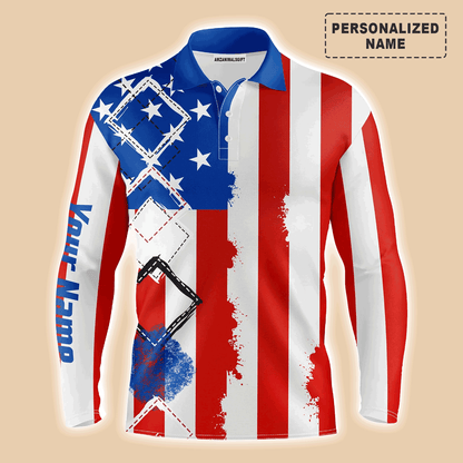 Custom Golf Long Sleeve Men Polo Shirt - American Flag Patriot Custom Name Apparel - Personalized Gift For Golf Lover, 4th July