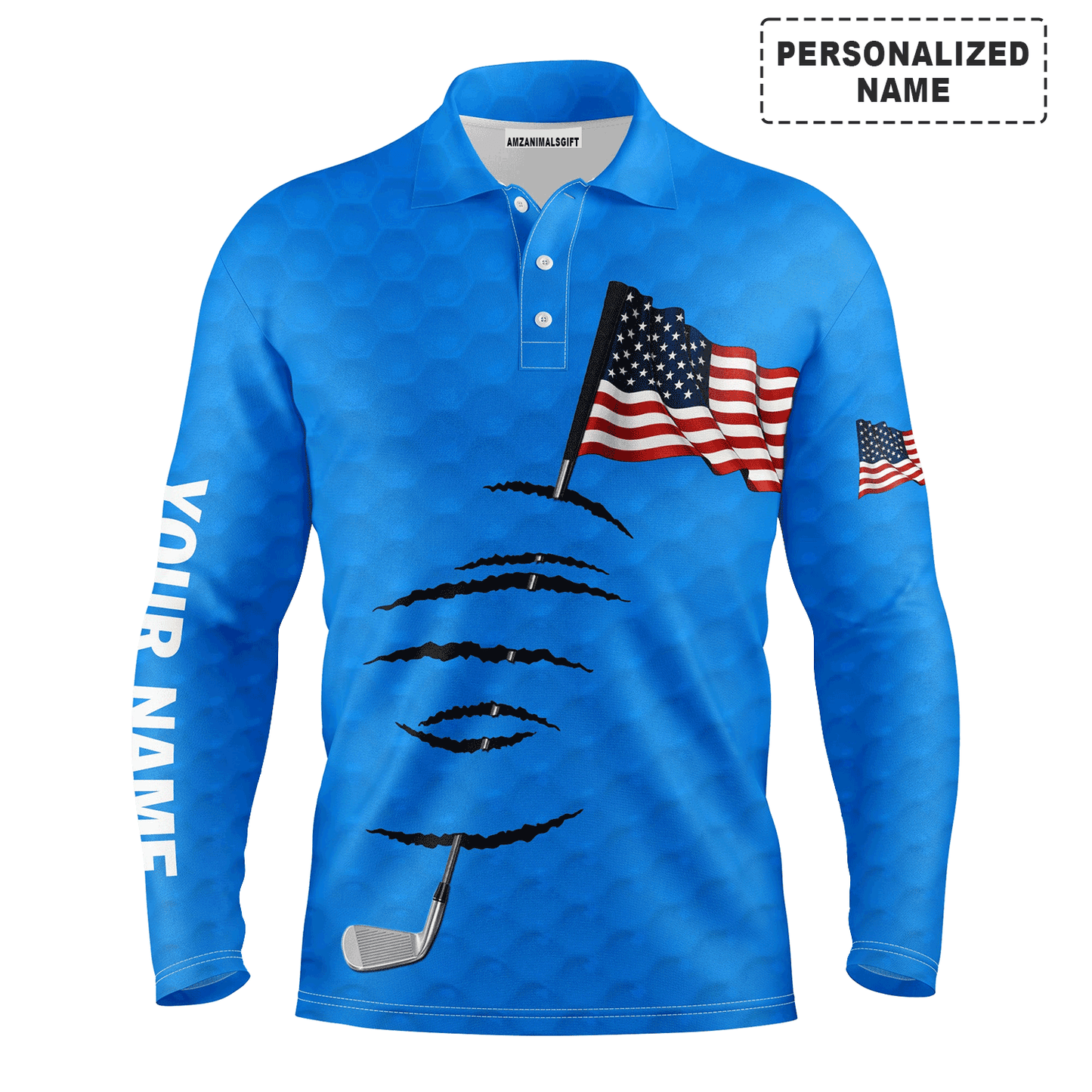 Custom Golf Long Sleeve Men Polo Shirt - American Flag 4th July Custom Name Blue Men Golf Polo Shirt - Perfect Polo Shirt For Men, Golfers
