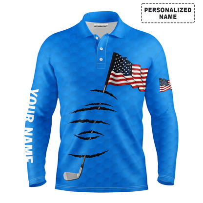 Custom Golf Long Sleeve Men Polo Shirt - American Flag 4th July Custom Name Blue Men Golf Polo Shirt - Perfect Polo Shirt For Men, Golfers