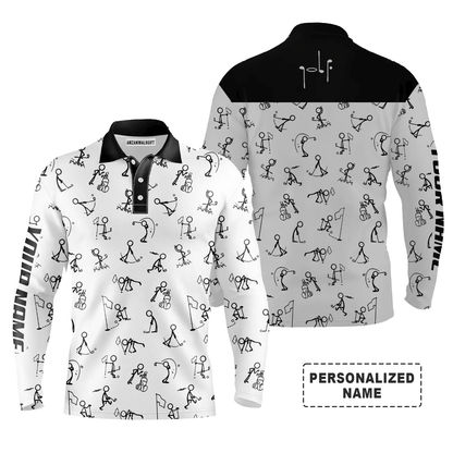 Custom Golf Long Sleeve Men Polo Shirt - Funny Golf Pattern Custom Name White Apparel Men Golf Polo Shirt - Personalized Gift For Golf Lover, Team