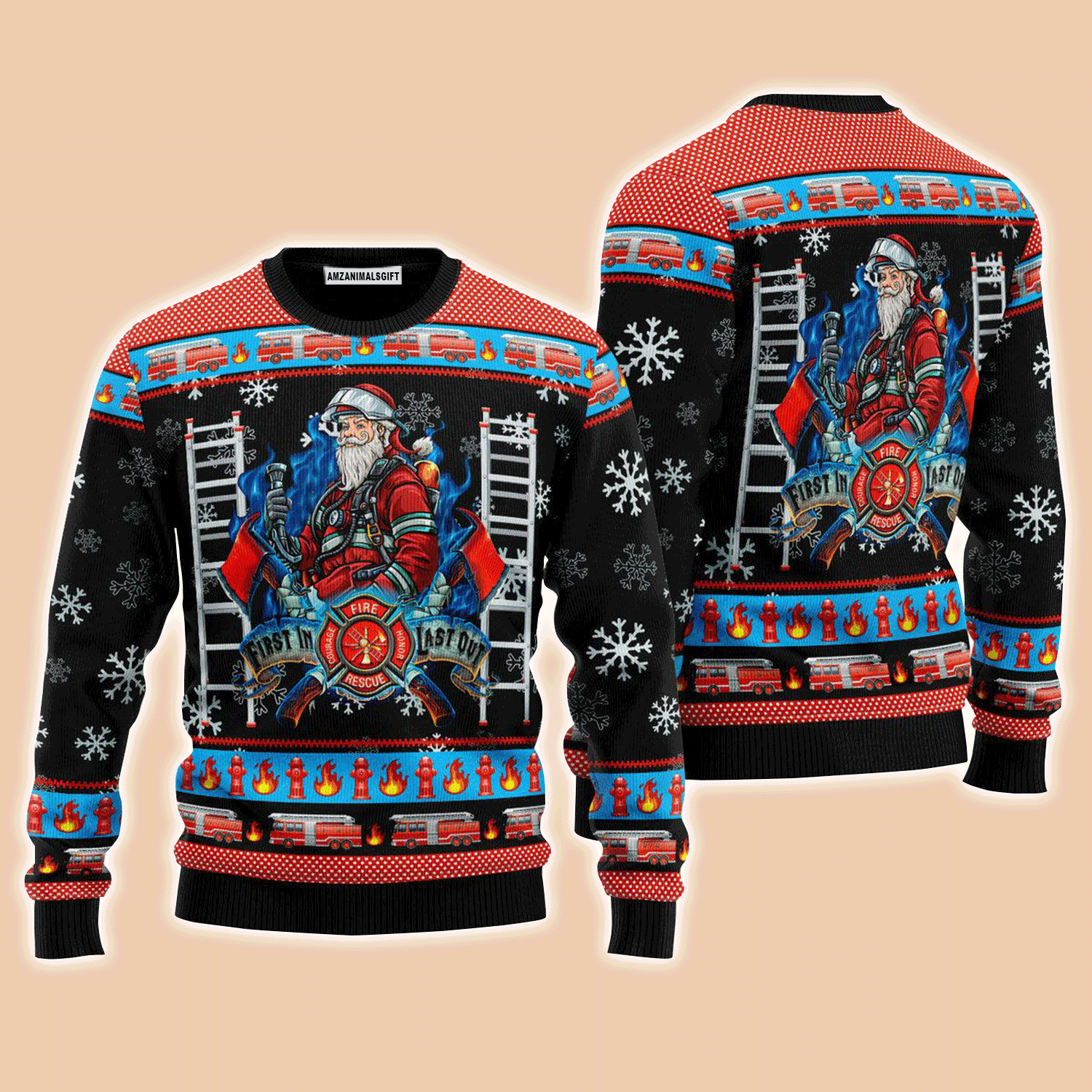 Firefighter Santa Sweater First In Last Out, Ugly Sweater For Men & Women, Perfect Outfit For Christmas New Year Autumn Winter