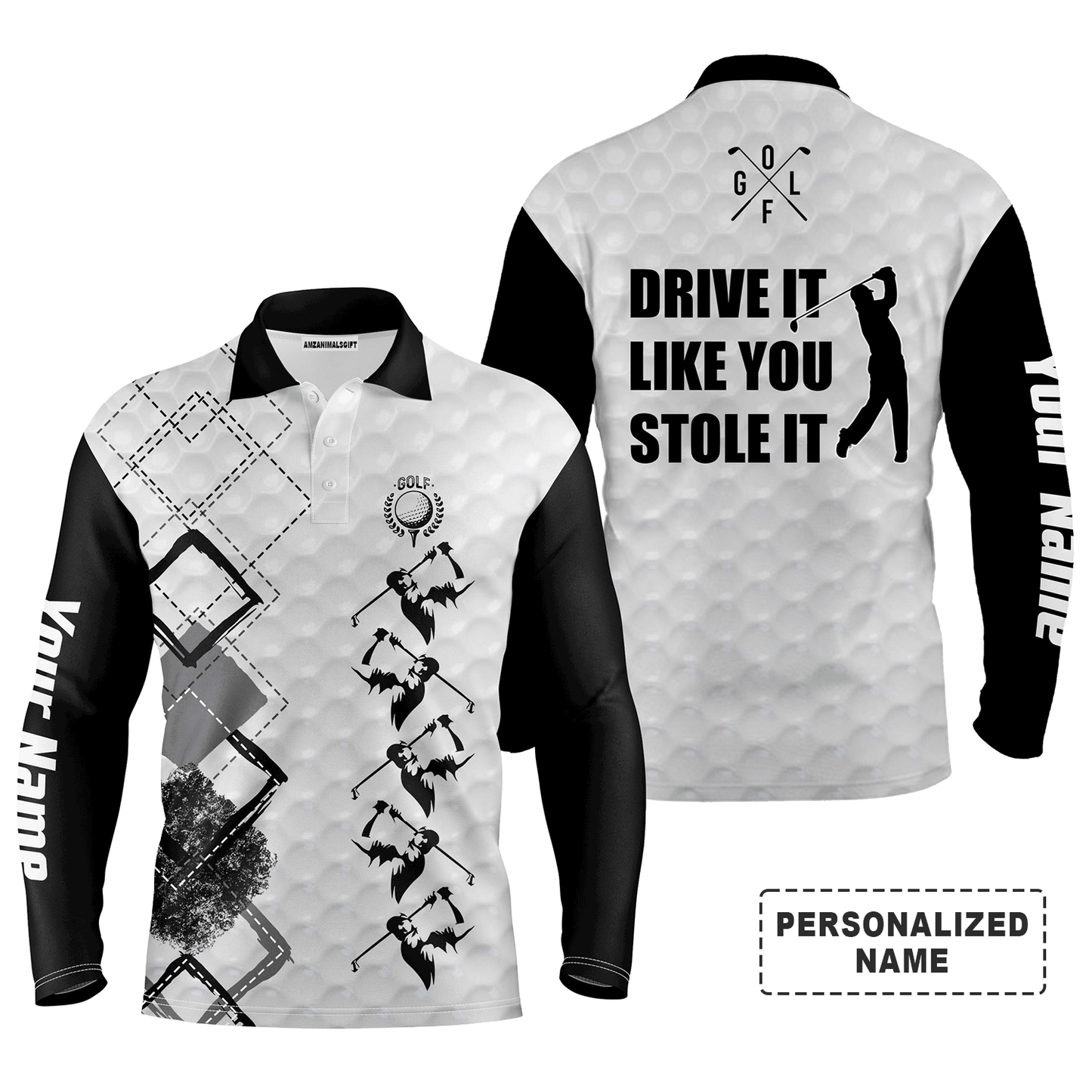 Custom Golf Long Sleeve Men Polo Shirt - Custom Name Black And White Apparel, Drive It Like You Stole It Men Golf Polo Shirt For Golf Lover