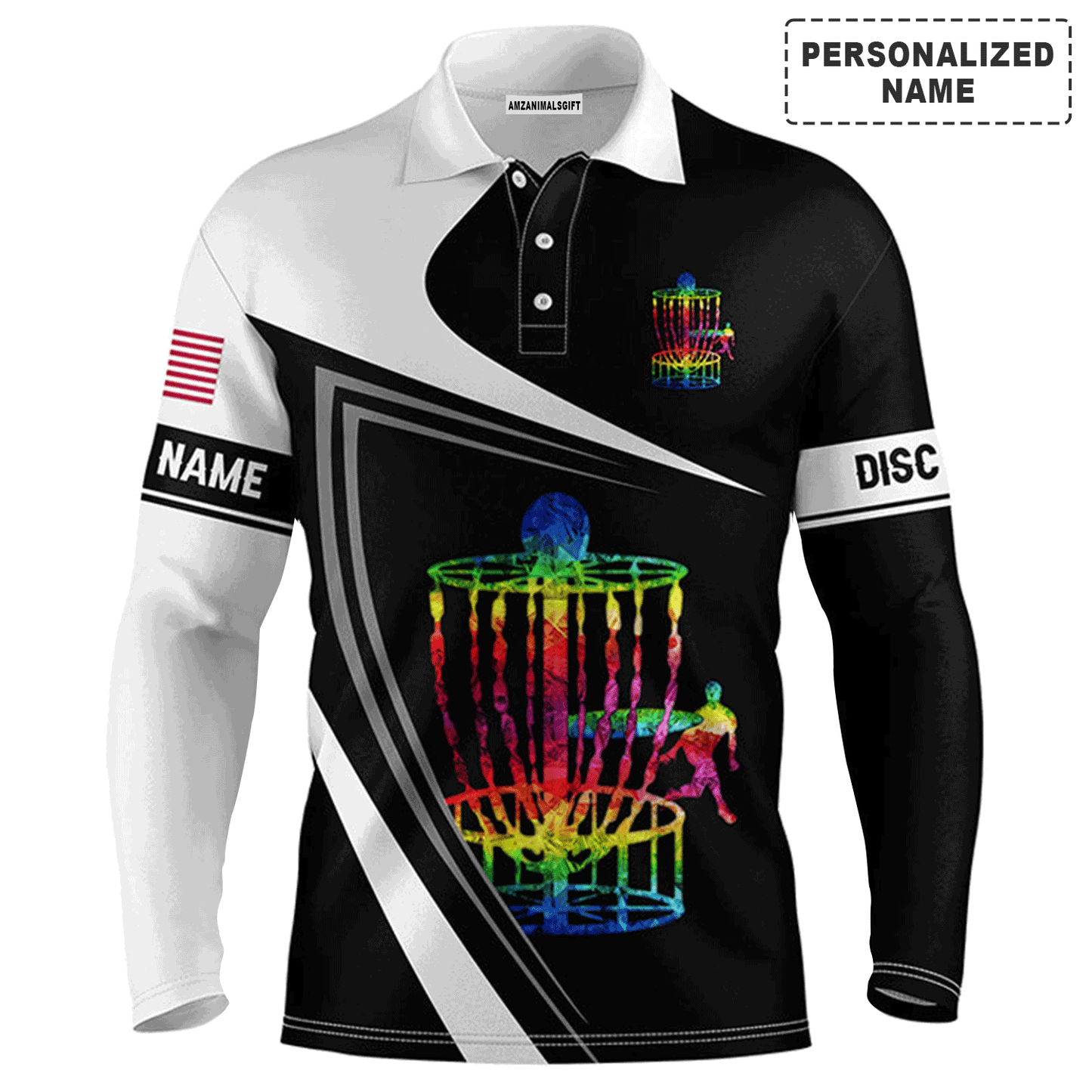 Custom disc Golf Long Sleeve Men Polo Shirt , Custom Name Watercolor Basket Black and White Apparel - Perfect Gift For Men, Disc Golf Lover