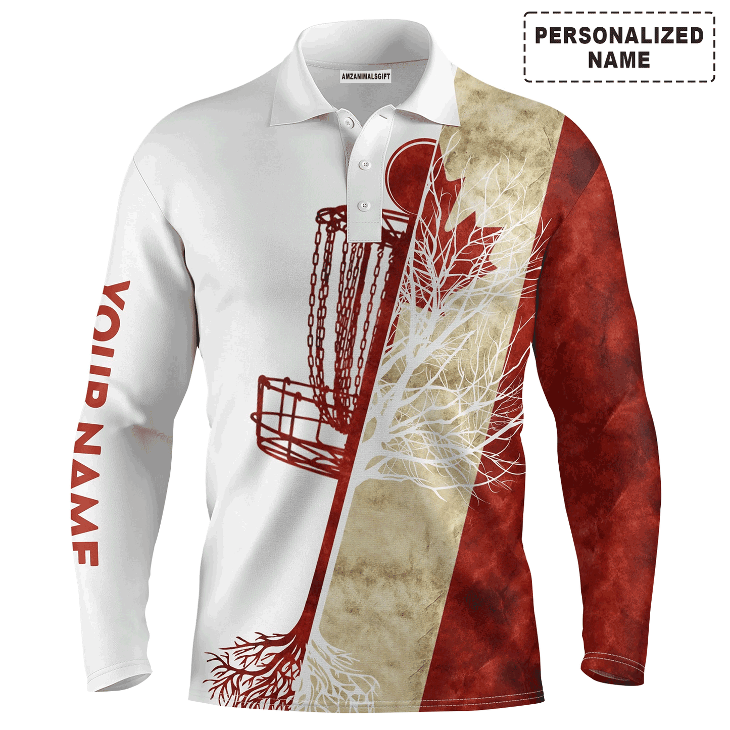 Custom Disc Golf Long Sleeve Men Polo Shirt-  Custom Name Canada Flag Disc Golf Basket Apparel Men Polo Shirt For Men, Disc Golf Lover