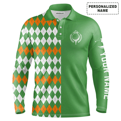 Custom Golf Long Sleeve Men Polo Shirt-St Patrick's Day Green Argyle Plaid Pattern Custom Name Apparel Men Polo Shirt-Personalized Gift For Golf Lover