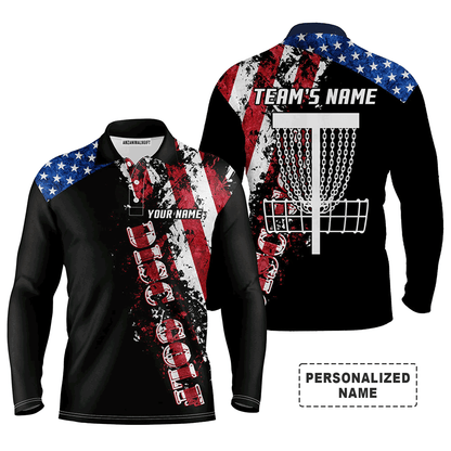 Custom Disc Golf Long Sleeve Men Polo Shirt - American Flag Disc Golf Basket Apparel - Personalized Gift For Men, Disc Golf Lover