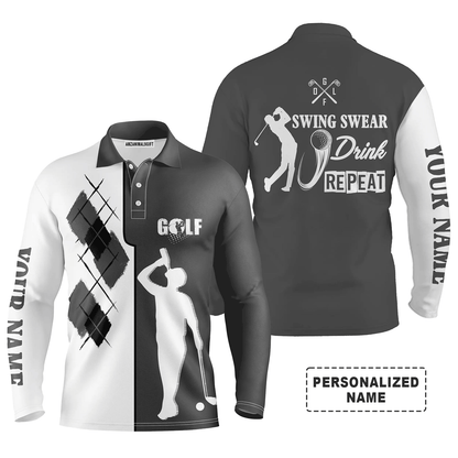 Custom Golf Long Sleeve Men Polo Shirt - Custom Name Black White Apparel, Swing Swear Drink Repeat Men Golf Polo Shirt- Perfect Polo Shirt For Men