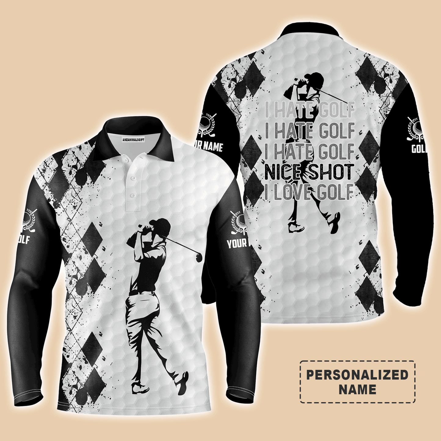 Custom Golf Long Sleeve Men Polo Shirt - Funny Custom Name Multicolor Apparel - I Hate Golf Nice Shot I Love Golf Gift For Men Golf Lover