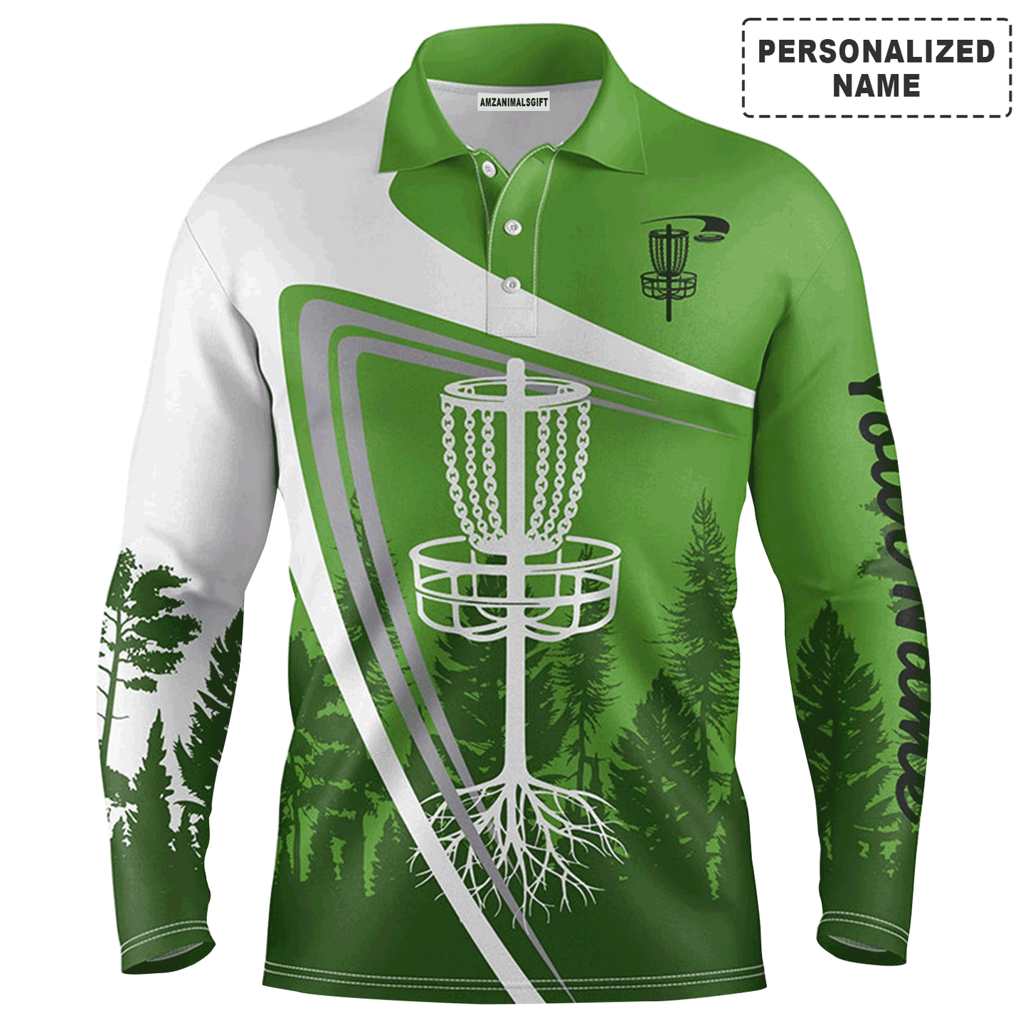 Custom Golf Long Sleeve Men Polo Shirt, Custom Name Green Disc Golf Basket Apparel - Perfect Gifts For Men, Golf Lover