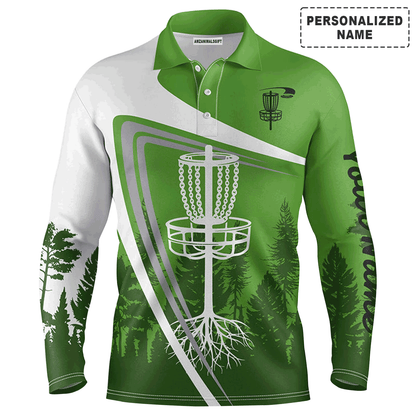 Custom Golf Long Sleeve Men Polo Shirt, Custom Name Green Disc Golf Basket Apparel - Perfect Gifts For Men, Golf Lover