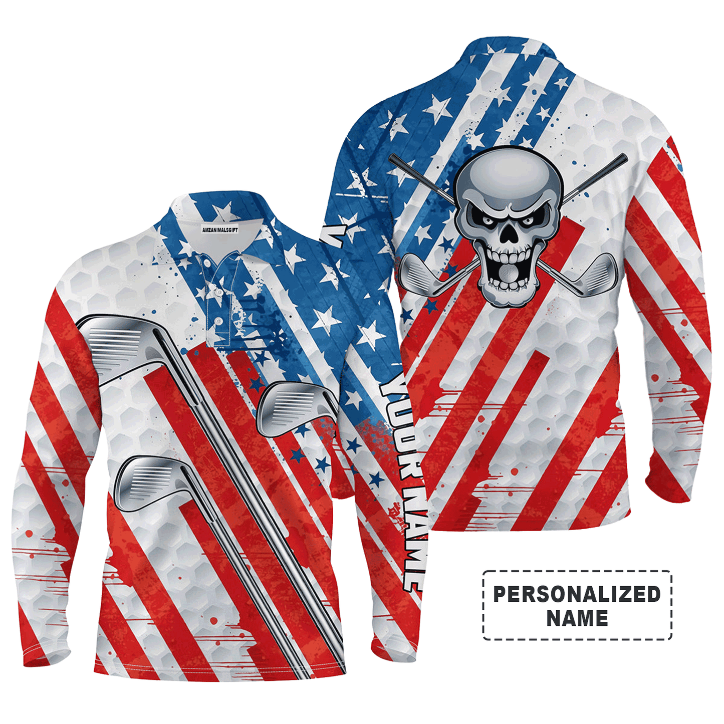 Custom Golf Long Sleeve Men Polo Shirt, Custom Name American Flag Skull Patriotic Golf Clubs Apparel - Perfect Gift For Men, Golf Lovers