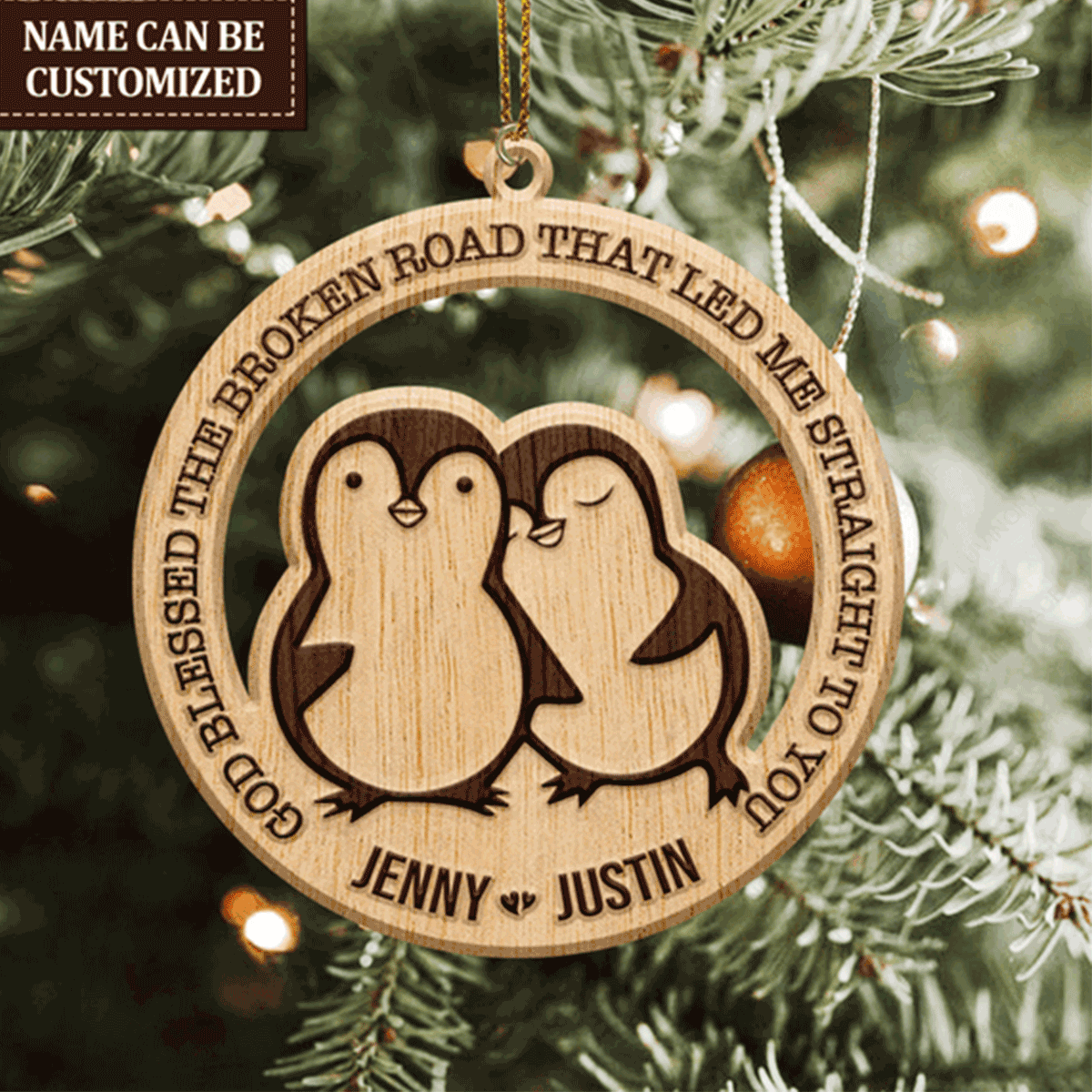 Custom Jesus Acrylic Ornament, Personalized Penguin Couple God Blessed Personalized Wood Engraved Acrylic Ornament For Christian