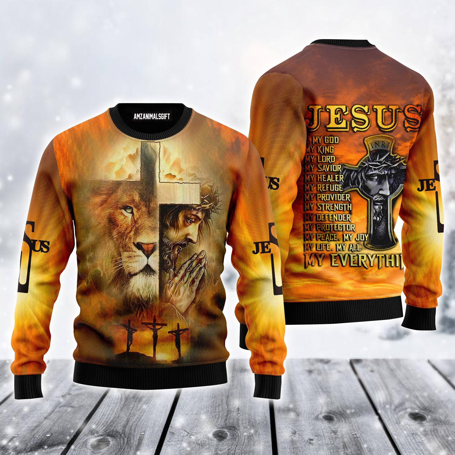 Jesus Ugly Sweater, Jesus Is My God Ugly Sweater, Lion & Cross Sweater For Men & Women, Perfect Gift For Christian, Friends, Family