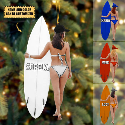 Customized Girl Surfboard Acrylic Christmas Ornament, Gift For Woman, Surfing Lovers, Surfing Players, Christmas Gifts