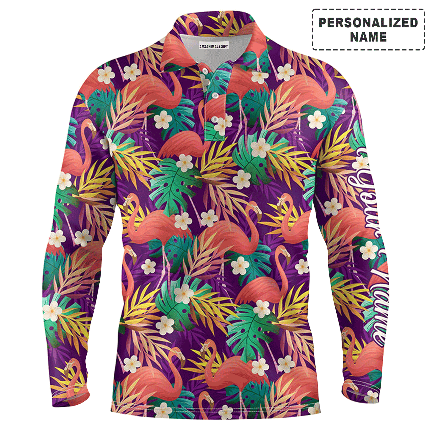 Custom Golf Long Sleeve Men Polo Shirt - Custom Name Colorful Flamingo Pattern Tropical Leaves Apparel - Personalized Gift For Men, Golf Lover