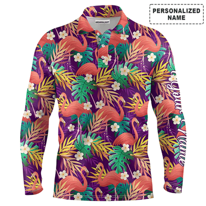 Custom Golf Long Sleeve Men Polo Shirt - Custom Name Colorful Flamingo Pattern Tropical Leaves Apparel - Personalized Gift For Men, Golf Lover