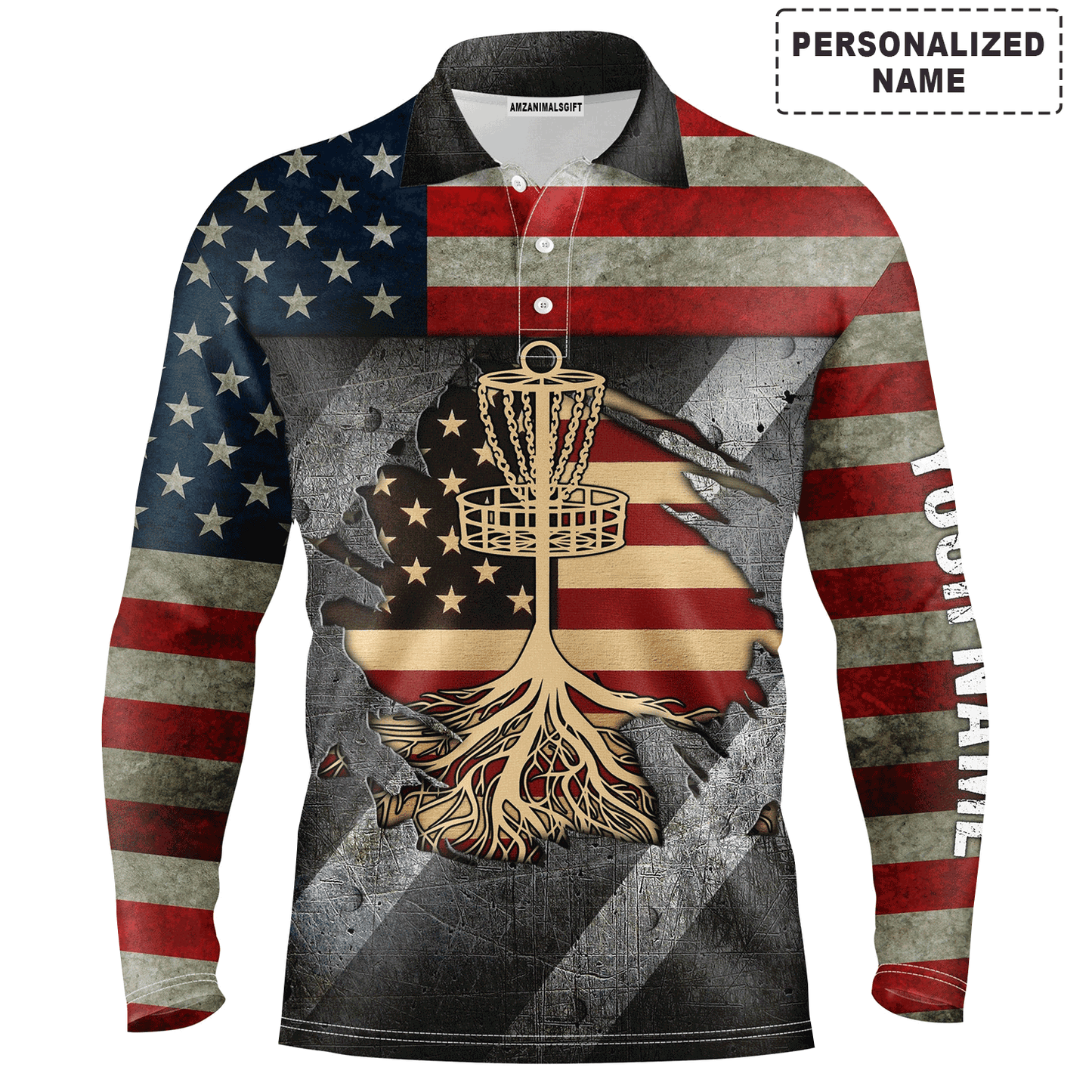 Custom Golf Long Sleeve Men Polo Shirt - Custom Name American Flag Disc Golf Basket Apparel - Perfect Gift For Men, Golf Lover