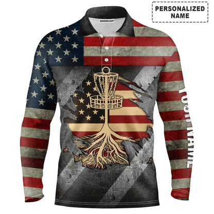 Custom Golf Long Sleeve Men Polo Shirt - Custom Name American Flag Disc Golf Basket Apparel - Perfect Gift For Men, Golf Lover