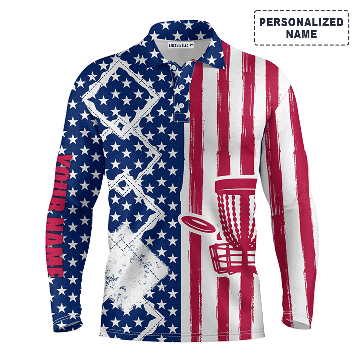 Custom Disc Golf Long Sleeve Men Polo Shirt- Custom Name American Flag Disc Golf Basket Apparel Men Polo Shirt For Disc Golf Lover
