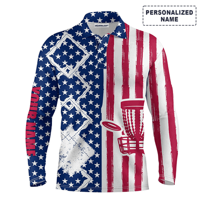 Custom Disc Golf Long Sleeve Men Polo Shirt- Custom Name American Flag Disc Golf Basket Apparel Men Polo Shirt For Disc Golf Lover