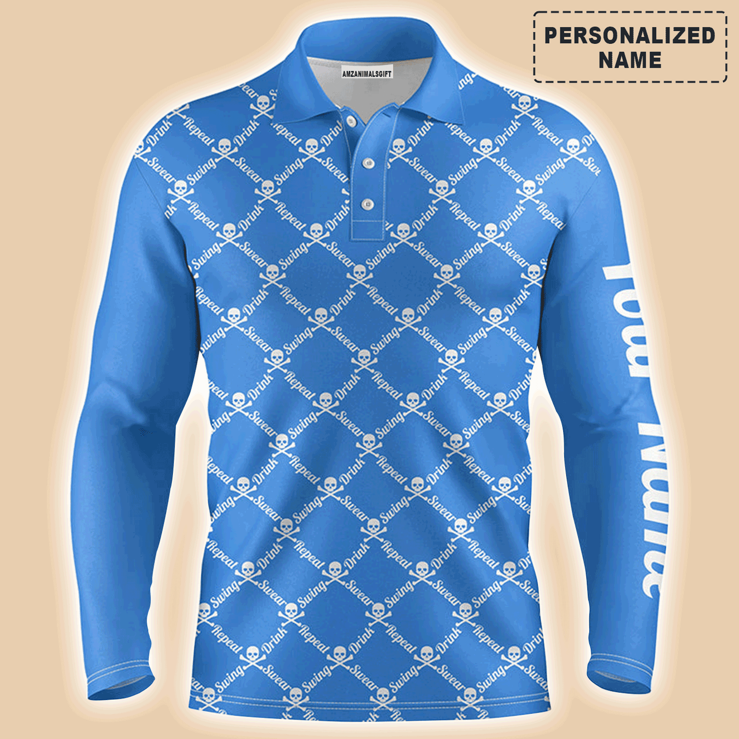 Custom Golf Long Sleeve Men Polo Shirt -Swing Swear Drink Repeat Skull Pattern Apparel-Personalized Gift For Golf Lover, Team, Husband, Boyfriend, Men