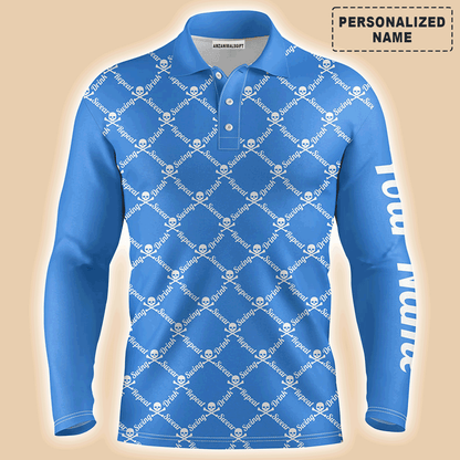 Custom Golf Long Sleeve Men Polo Shirt -Swing Swear Drink Repeat Skull Pattern Apparel-Personalized Gift For Golf Lover, Team, Husband, Boyfriend, Men