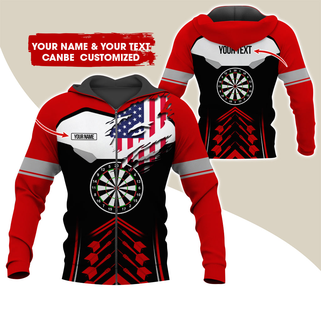 Customized Name American Flag Darts Premium Zip Hoodie, Personalized Black Pattern Zip Hoodie For Men & Women - Gift For Darts Lovers, Darts Players