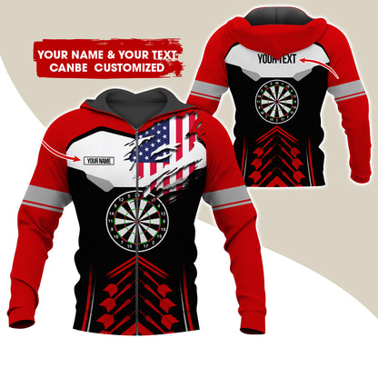 Customized Name American Flag Darts Premium Zip Hoodie, Personalized Black Pattern Zip Hoodie For Men & Women - Gift For Darts Lovers, Darts Players