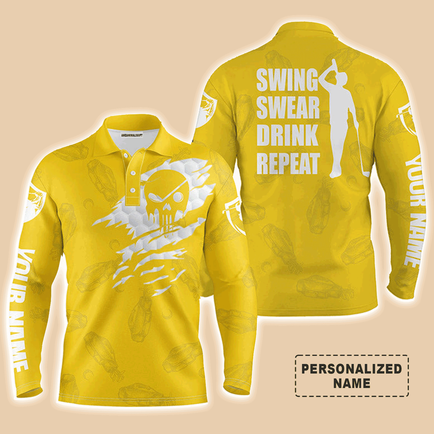 Golf Men Polo Shirt - Custom Name Multicolor Golf Clubs Pattern - Swing Swear Drink Repeat Men Polo Shirt For Golf Lover