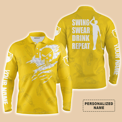 Golf Men Polo Shirt - Custom Name Multicolor Golf Clubs Pattern - Swing Swear Drink Repeat Men Polo Shirt For Golf Lover