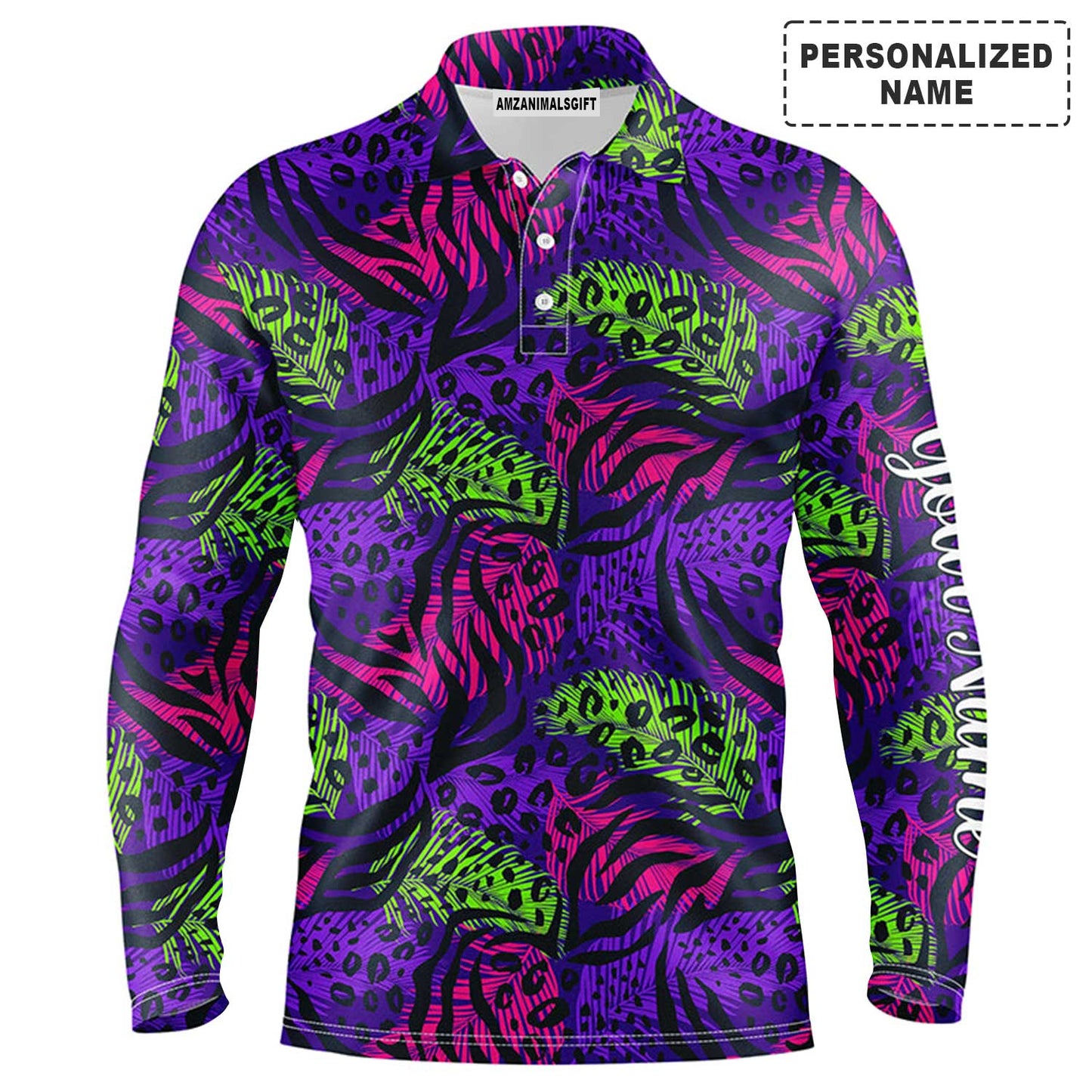 Custom Golf Long Sleeve Men Polo Shirt - Colorful Purple Tropical Background Custom Name Black - Personalized Gift For Golf Lover, Team, Golfers