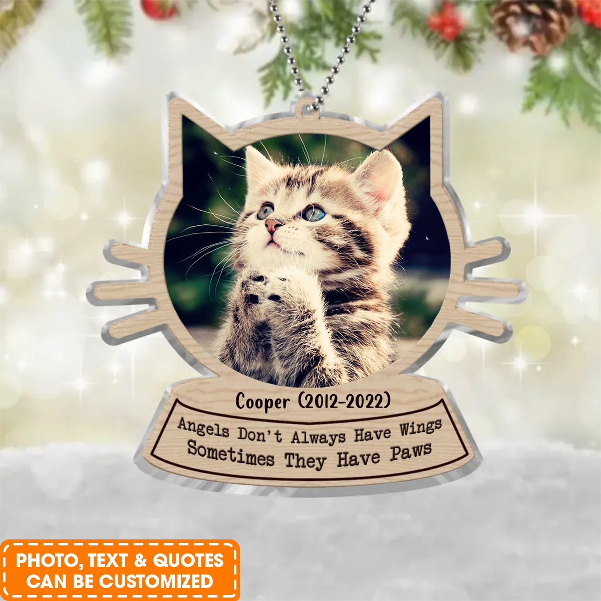 Personalized Memorial Cat Photo Wooden Ornament, Your Wings Were Ready By my Heart Was Not Ornament, Best Memorial Gift For Cat Lovers