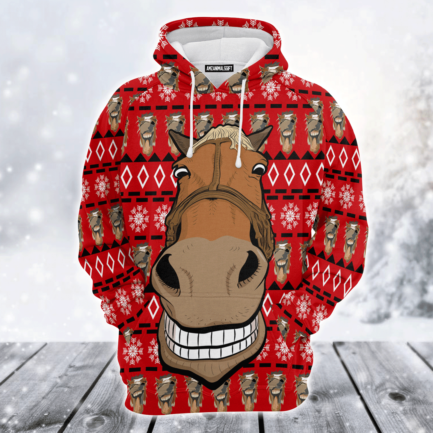 Horse Face Premium Christmas Hoodie, Funny Horse Christmas Tree Unisex Red Hoodie For Men & Women - Perfect Gift For Christmas, Family