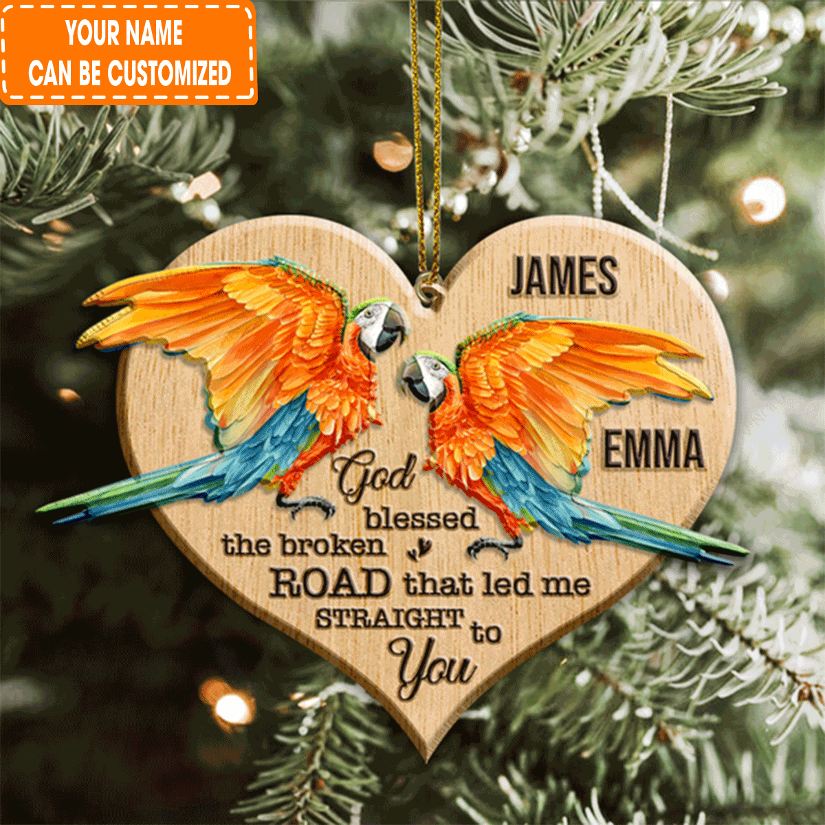 Custom Jesus Acrylic Ornament, Personalized Parrot Couple God Blessed Wood Engraved Acrylic Ornament For Christian