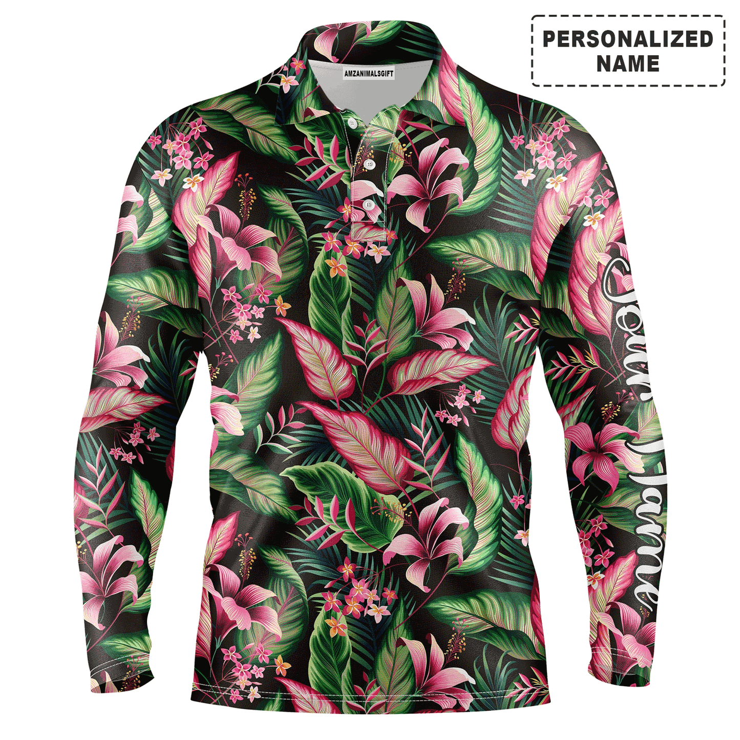 Custom Golf Long Sleeve Men Polo Shirt, Custom Name Floral Pattern With Tropical Leaves Apparel - Perfect Gift For Men, Golf Lover