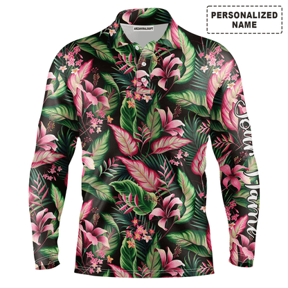 Custom Golf Long Sleeve Men Polo Shirt, Custom Name Floral Pattern With Tropical Leaves Apparel - Perfect Gift For Men, Golf Lover