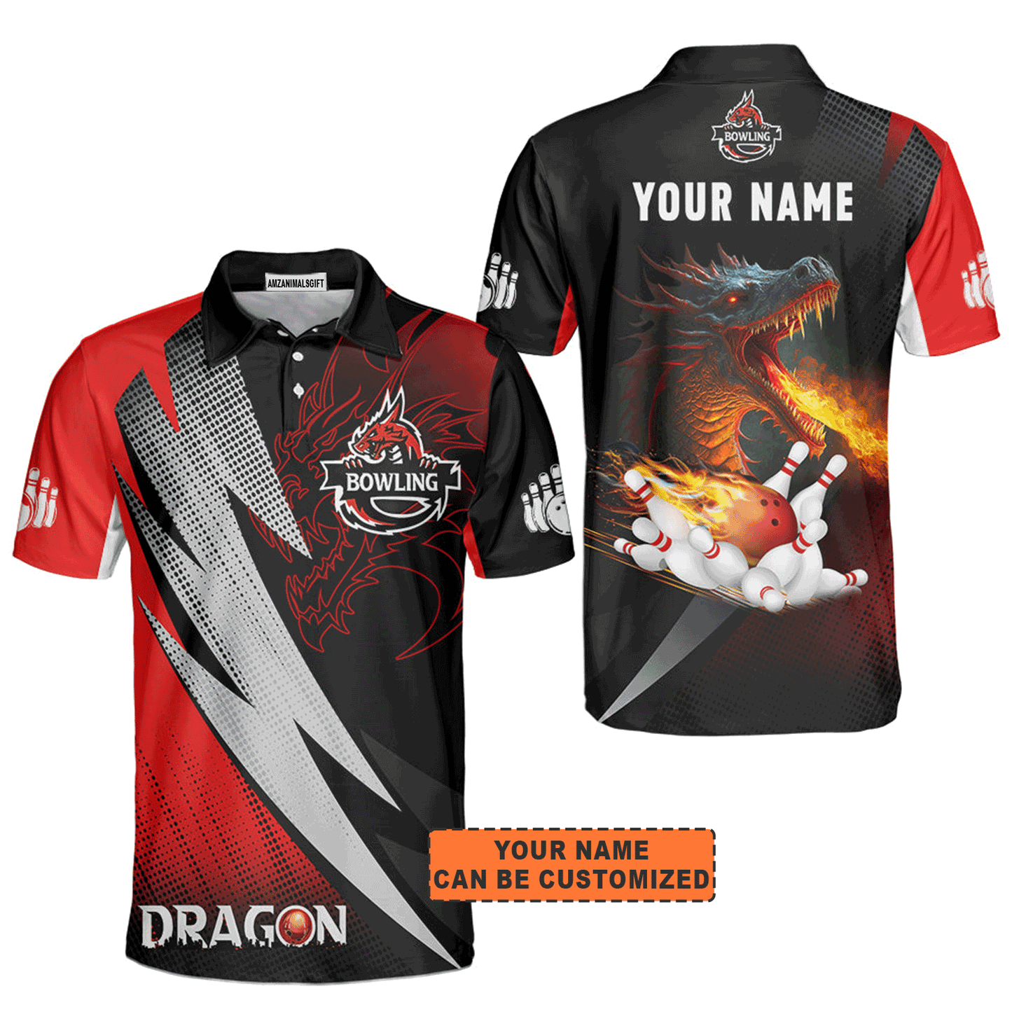 Customized Bowling Jersey Shirt, Personalized Name Dragon Team Red Bowling Ball On Fire Polo Shirt For Men - Perfect Gift For Bowling Lovers