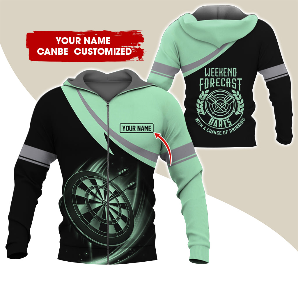 Personalized Name Darts Premium Zip Hoodie, Custom Name Weekend Forecast Darts Zip Hoodie For Men & Women - Gift For Darts Lovers, Darts Players