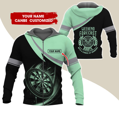 Personalized Name Darts Premium Zip Hoodie, Custom Name Weekend Forecast Darts Zip Hoodie For Men & Women - Gift For Darts Lovers, Darts Players