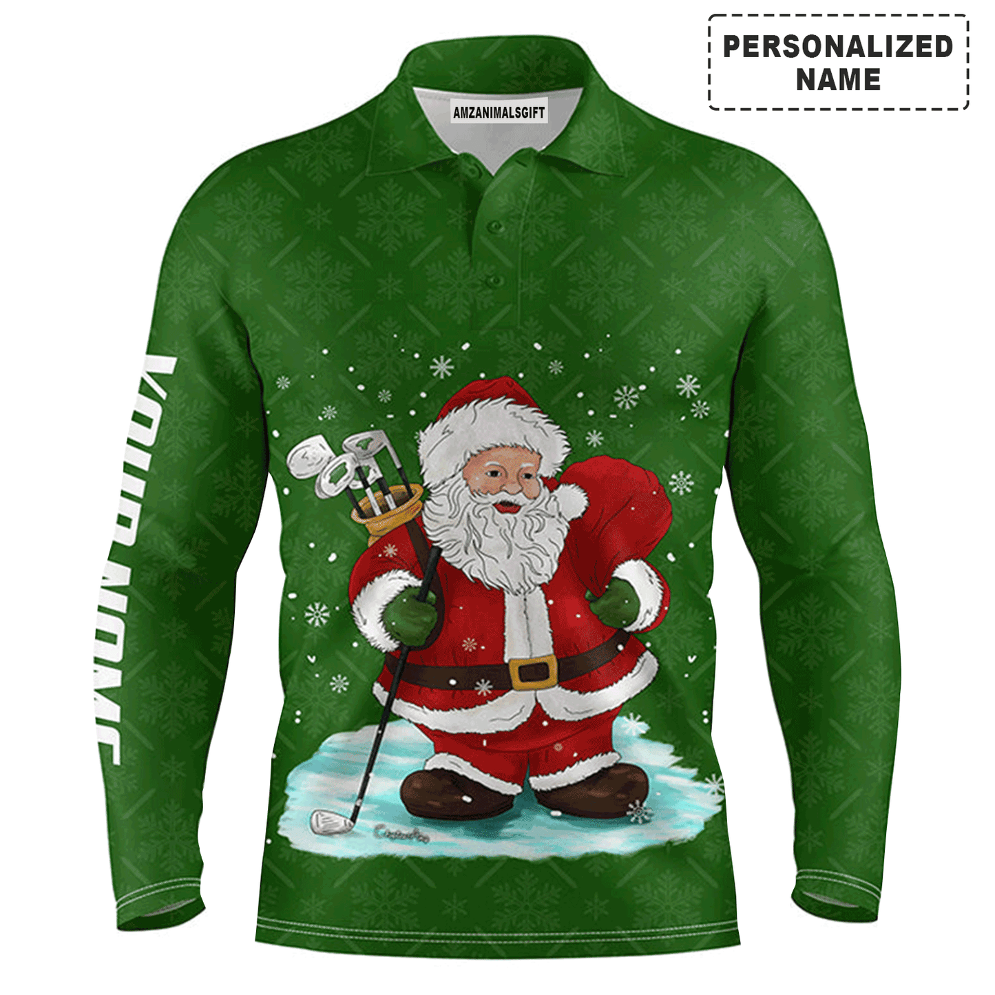 Custom Golf Long Sleeve Men Polo Shirt - Custom Name Christmas Green Pattern Santa Golfer - Personalized Gift For Golf Lover, Team, Husband, Boyfriend