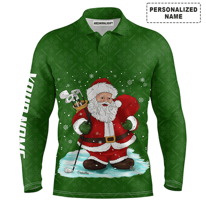 Custom Golf Long Sleeve Men Polo Shirt - Custom Name Christmas Green Pattern Santa Golfer - Personalized Gift For Golf Lover, Team, Husband, Boyfriend
