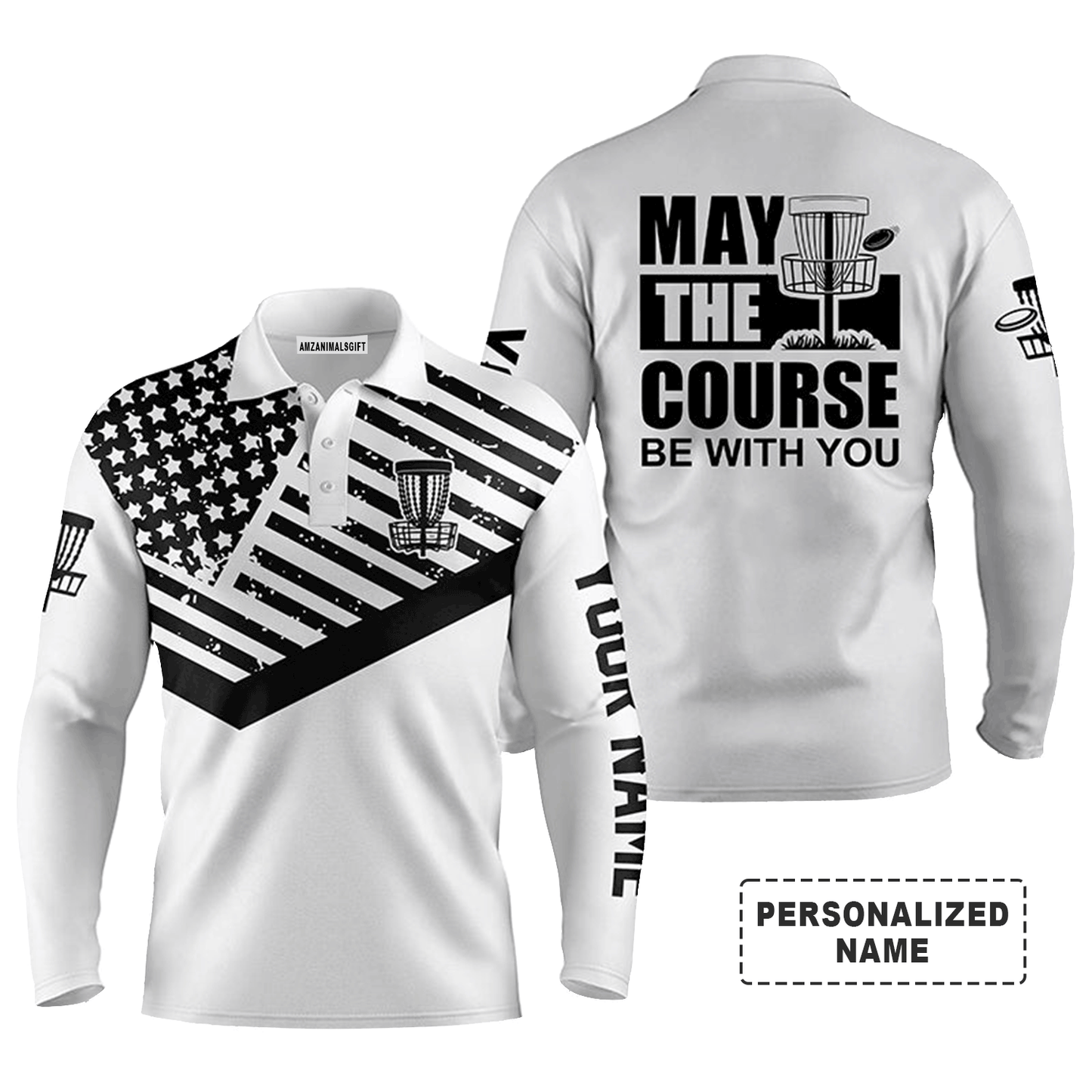 Custom Golf Long Sleeve Men Polo Shirt- Custom Name Black White US Flag Apparel, May The Course Be With You Men Polo Shirt -Perfect Polo Shirt For Men