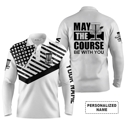 Custom Golf Long Sleeve Men Polo Shirt- Custom Name Black White US Flag Apparel, May The Course Be With You Men Polo Shirt -Perfect Polo Shirt For Men
