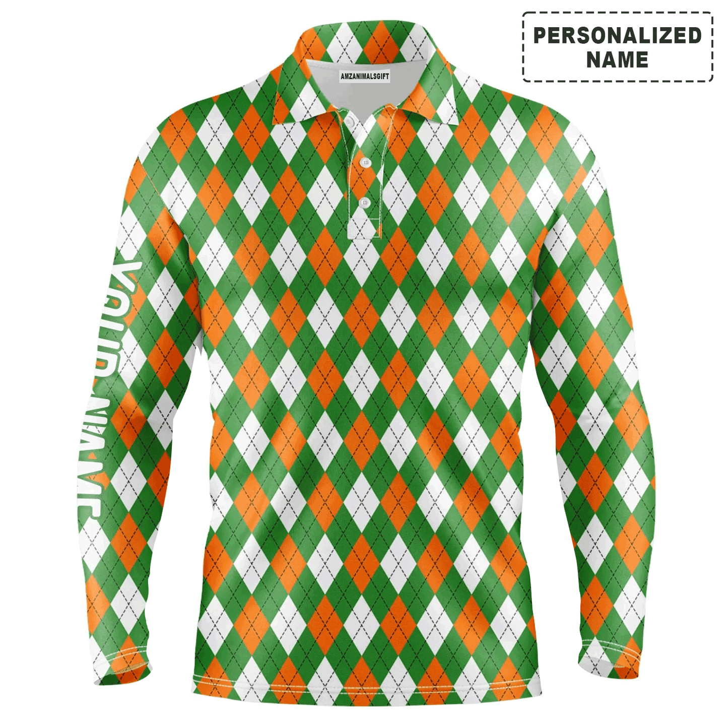 Custom Golf Long Sleeve Men Polo Shirt - Custom Name Green Orange White St. Patricks Day Argyle Plaid Pattern Apparel For Men, Golf Lover